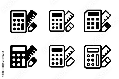 School Supplies Logos. School supplies shopping list. Set Logo of School supplies shopping list: a calculator, ruler, and eraser grouped together. harmonious