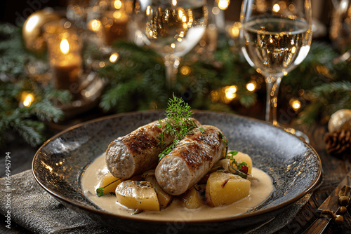 Traditional French boudin blanc with apples for cozy Christmas dinner