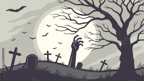Spooky Graveyard Night Zombie Rising Full Moon Horror Scene