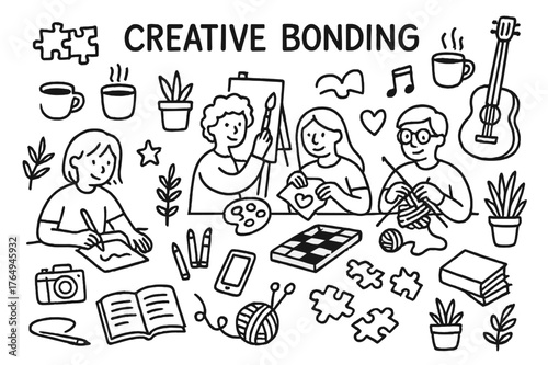 Creative Hobbies Icons. Creative Bonding. Hand-drawn doodle illustration Creative Bonding friends drawing, painting, crafting, sketching, knitting, coffee