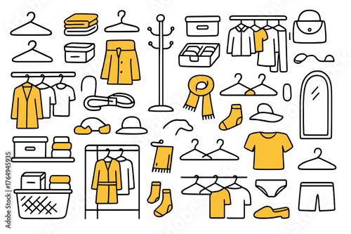 Wardrobe Essentials Doodle. Wardrobe makeover. Hand-drawn doodle illustration hangers (colored), folded clothes (colored), storage boxes (colored), shoes