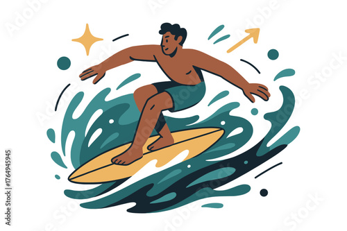 Dynamic Surfing Scene. Surfing on the waves. Surfer balancing on board while riding a wave; abstract floating motion lines and splashes convey dynamic movement