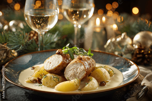 Traditional French boudin blanc with apples for cozy Christmas dinner