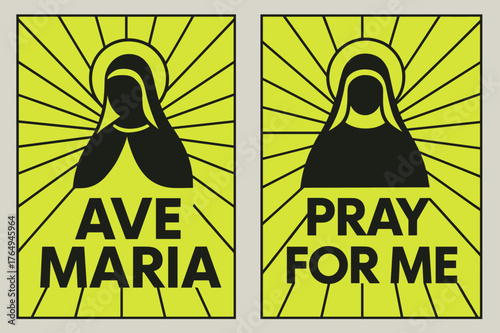 Ave Maria Banners. Ave Maria. Two vertical A6 banners with safe margins, centered composition, no elements touching edges, bauhaus, charcoal and neon yellow,