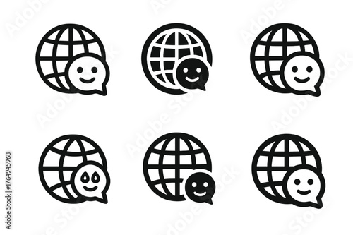 Multilingual Chatbot Logos. chatbots for business. Set Logo of chatbots for business: multilingual globe chatbot symbol. harmonious logo variations of the same