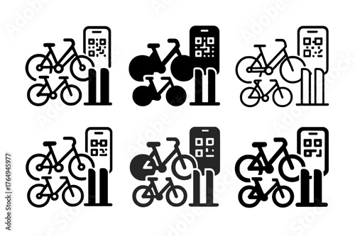 Urban Sustainability Logos. Urban sustainability. Set Logo of Urban sustainability: bike-sharing dock with smartphone QR tag. Icon set. harmonious logo
