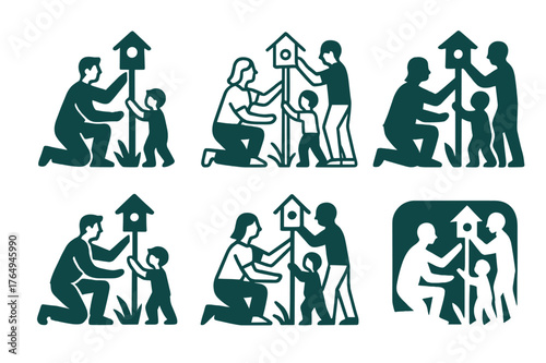 Family Garden Logos. A family spending time outdoors, tending to their garden or yard. Set Logo of A family spending time outdoors, tending to their garden or