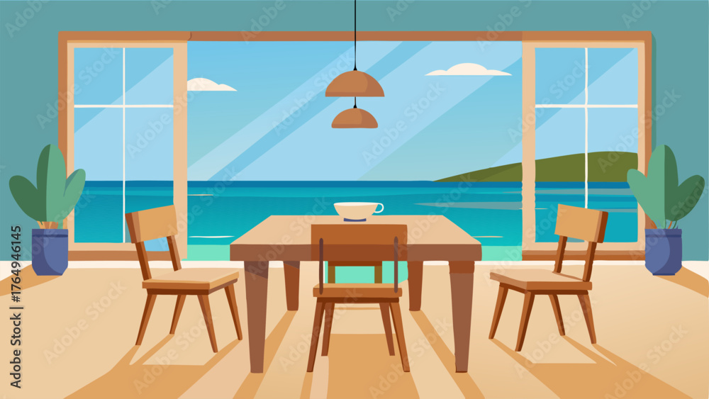 Fototapeta premium A dining room with a simple wooden table woven chairs and a large window overlooking the beach.