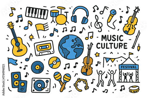 Global Music Doodle. Global music culture. Hand-drawn doodle illustration globe (colored), musical notes (colored), guitar (colored), piano (colored), drums