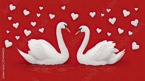 Fototapeta Naklejka Na Ścianę i Meble -  Two graceful white swans facing each other surrounded by white hearts on red background symbolizing love