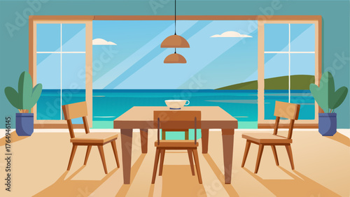 A dining room with a simple wooden table woven chairs and a large window overlooking the beach.
