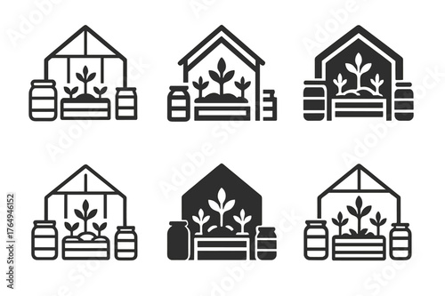 Off-Grid Logo Variations. Off-grid living solutions. Set Logo of Off-grid living solutions: a greenhouse with raised beds and water barrels. harmonious logo