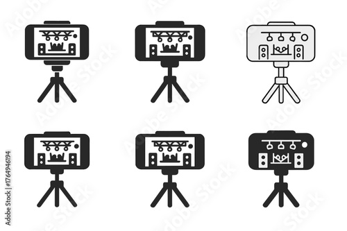Streaming Event Logos. Online streaming events and live broadcasts. Set Logo of Online streaming events and live broadcasts: smartphone on tripod streaming