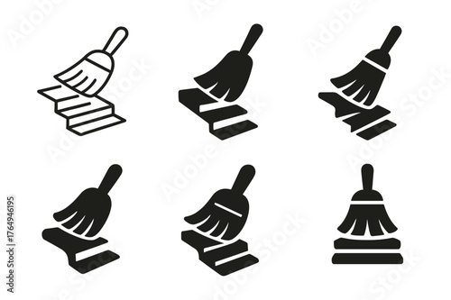 Sweeping Logo Variations. Sweeping the stairs. Set Logo of Sweeping the stairs: Hand broom brushing wooden steps. harmonious logo variations of the same