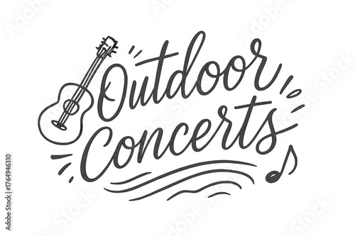 Outdoor Concert Vibes. Outdoor Concerts ? brush script hand-lettering with fluid semi-cursive strokes, thin connectors, fast brush accents; composition: