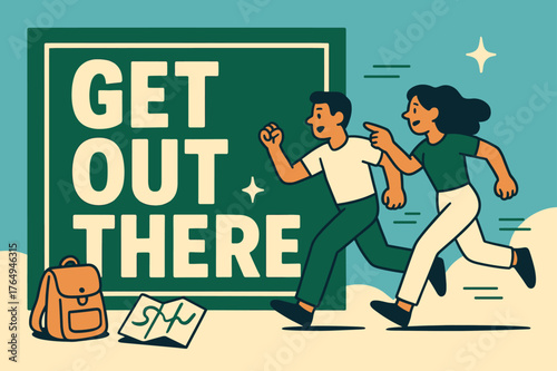 Adventurous Exploration Banner. Get out there banner, flat vector illustration, bold oversized text inside rectangular frame, cartoon characters running and