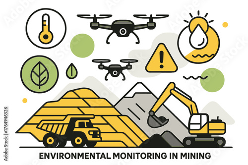 Mining Site Surveillance. Environmental Monitoring in Mining Sites. Mining site overview with drones, floating abstract monitoring icons and
