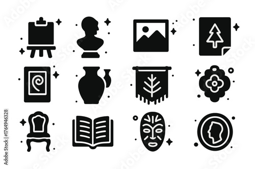 Art Icons Grid. Art categories. Solid icons set of Art categories: painting canvas, sculpture bust, photograph print, drawing sketch, printmaking plate,