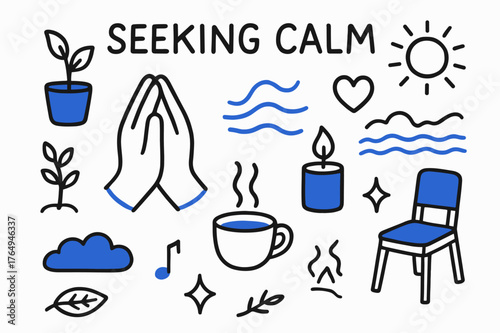 Calmness Icons Illustration. // Seeking calm. Hand-drawn doodle illustration Seeking calm [hands clasped (accented), deep breath lines (accented), plant,