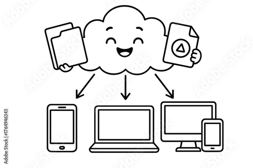 Cloud Sharing Coloring Page. Data in the cloud children?s coloring book illustration, outlined drawing, a happy cloud holding folders and files with arrows