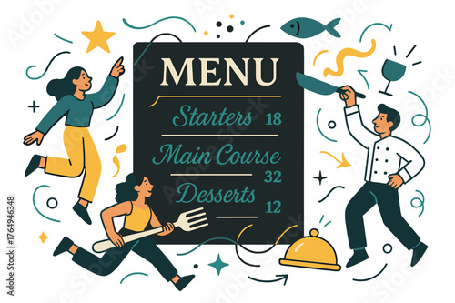 Luxurious Menu Design. Exquisite menu. Close-up of menu card with luxurious typography and highlighted dishes; abstract floating icons and lines convey