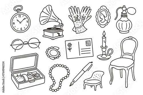 Vintage Treasures Icons. Vintage treasures. Hand-drawn doodle illustration vintage treasures pocket watch, gramophone, lace gloves, brooch, perfume bottle,