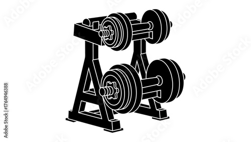 Dumbbell on rack : A pair of dumbbell rests on a sturdy weight rack in gym ,symbolizing strength, fitness, and a dedication to a healthy lifestyle.