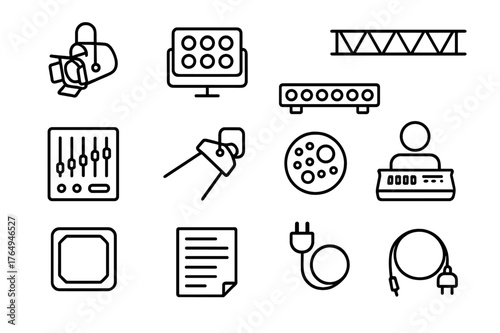 Stage Lighting Icons. Stage Lighting. Line icon set of Stage Lighting: spotlight, floodlight, LED bar, rig truss, dimmer board, light beam, gobo pattern,