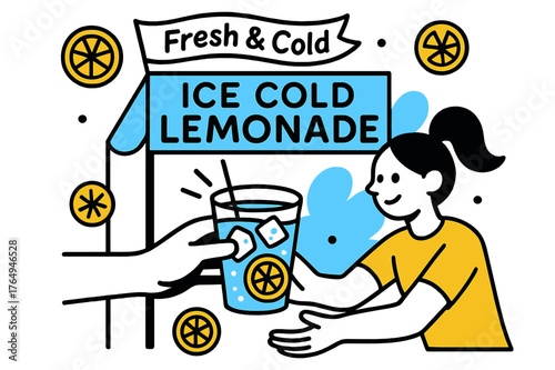 Refreshing Lemonade Delight. Iced Lemonade Stand. A hand passes a cup packed with clinking cubes; a banner waves ?Fresh & Cold.? Citrus slices float like suns
