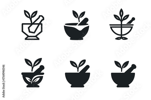 Herbal Foraging Logos. Herbal foraging. Set Logo of Herbal foraging: mortar and pestle with sprig. harmonious logo variations of the same emblematic concept,