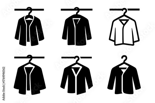 Coat Hanger Logos. Hanging up a coat. Set Logo of Hanging up a coat: hanger on closet rod with draped coat. harmonious logo variations of the same emblematic