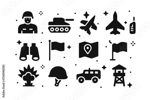Frontline Forces Icons. Frontline Forces. Solid icons set of Frontline Forces: soldier, tank, jet, missile, binoculars, flag, map, radio, armored vehicle,