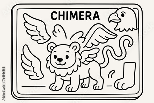 Chimera Coloring Fun. Create your own chimera children?s coloring book illustration, outlined drawing, mix-and-match animal parts like wings, tails, and paws