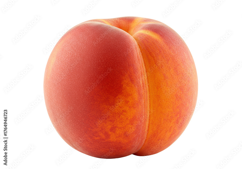 Fototapeta premium A single, ripe, fresh peach with crimson red, sunny orange, golden yellow velvety skin, isolated on a transparent background with copy space, concept of healthy eating