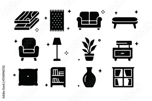 Flooring Details Icons. Flooring Details. Solid icons set of Flooring Details: wooden planks, rug, sofa, coffee table, armchair, floor lamp, plant, side table,