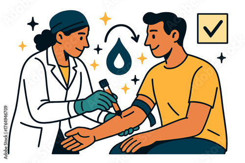 Dynamic Blood Collection. Blood test. Phlebotomist collecting blood sample from patient with abstract floating icons, arrows, and sparkles;