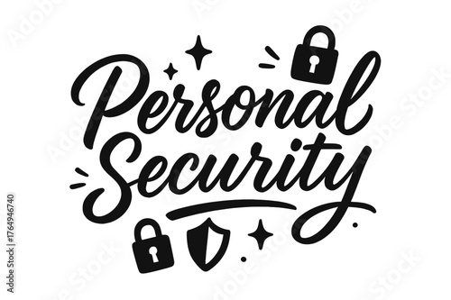 Personal Security Calligraphy. Script Hand-Lettering ? "Personal Security" in flowing brush script, semi-cursive with fluid strokes, slight upward tilt to
