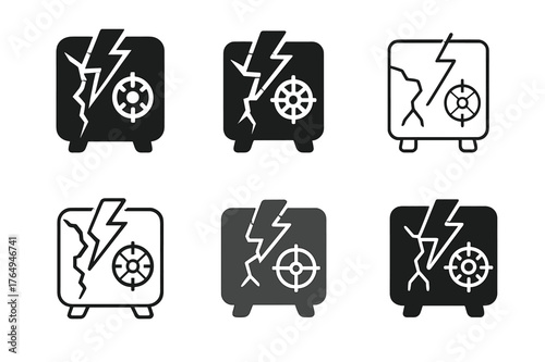 Cyber Security Logos. Cyber loss risk. Set Logo of Cyber loss risk: data vault with breach. harmonious logo variations of the same emblematic concept, each