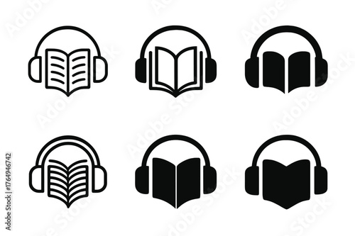 Audiobook Logo Concepts. Books and Reading. Set Logo of Books and Reading: a book with headphones (audiobook concept). harmonious logo variations of the same