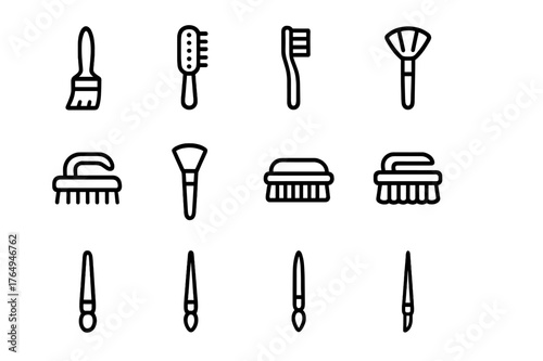 Brush Icon Set. Brush. Line icon set of brush: paintbrush, hairbrush, toothbrush, makeup brush, cleaning brush, fan brush, nail brush, scrubbing brush,