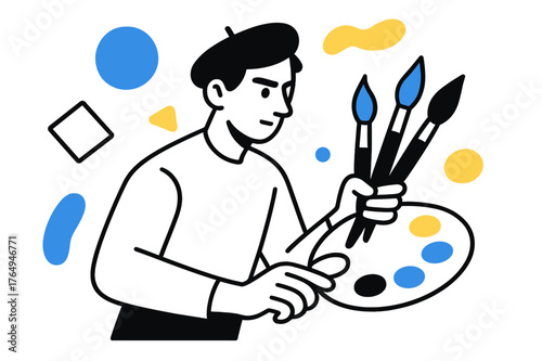 Painter's Creative Palette. Palette with Paintbrushes. Painter holding palette with brushes poised to paint, floating abstract geometric shapes and colorful