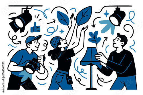 Dynamic Stage Setup. Theater production. Stage crew adjusting lighting and props; abstract floating lines and spotlight icons convey teamwork and