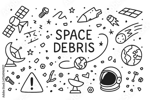 Space Debris Doodle. Space debris. Hand-drawn doodle illustration space debris satellite, rocket fragment, broken antenna, orbit path, Earth, space junk