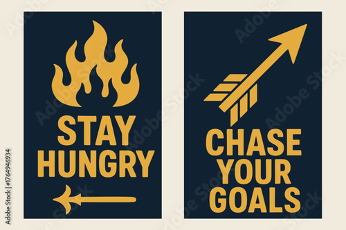 Motivational Banner Design. Stay hungry. Two vertical A6 banners with safe margins, centered composition, no elements touching edges, bold, navy and gold,
