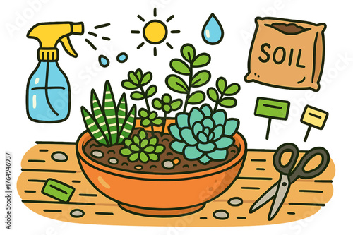 Colorful Succulent Arrangement. Succulent arrangement. Colorful Hand-drawn doodle Children illustration Succulent arrangement echeveria rosette, jade plant,