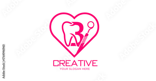 Letter B with Dental Logo Design. Heart Shape Dental Logo Design.