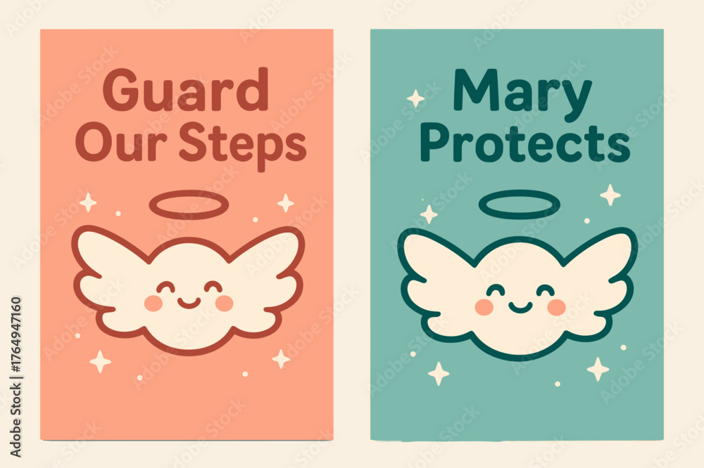 Fototapeta premium Kawaii Angelic Banners. Angelic Protection. Two vertical A6 banners with safe margins, centered composition, no elements touching edges, kawaii, coral and