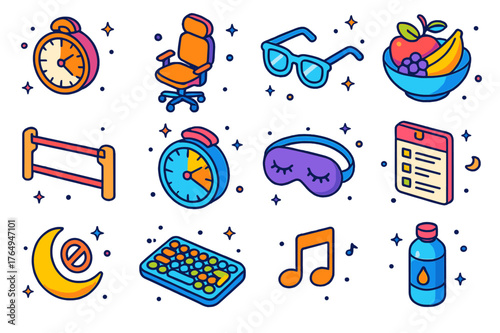 Healthy Gaming Icons. Healthy gaming habits. Colorful isometric vector icons set of Healthy gaming habits: screen time timer, ergonomic posture chair, blue