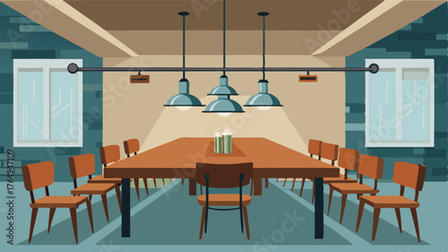 A dining room with a large wooden table surrounded by mismatched chairs and a hanging pendant light.