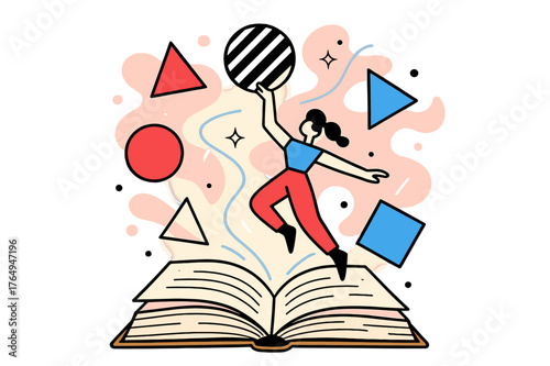 Geometric Vintage Books. Vintage Books. Open vintage book with floating abstract geometric shapes and soft light reflections, intellectual and serene scene.